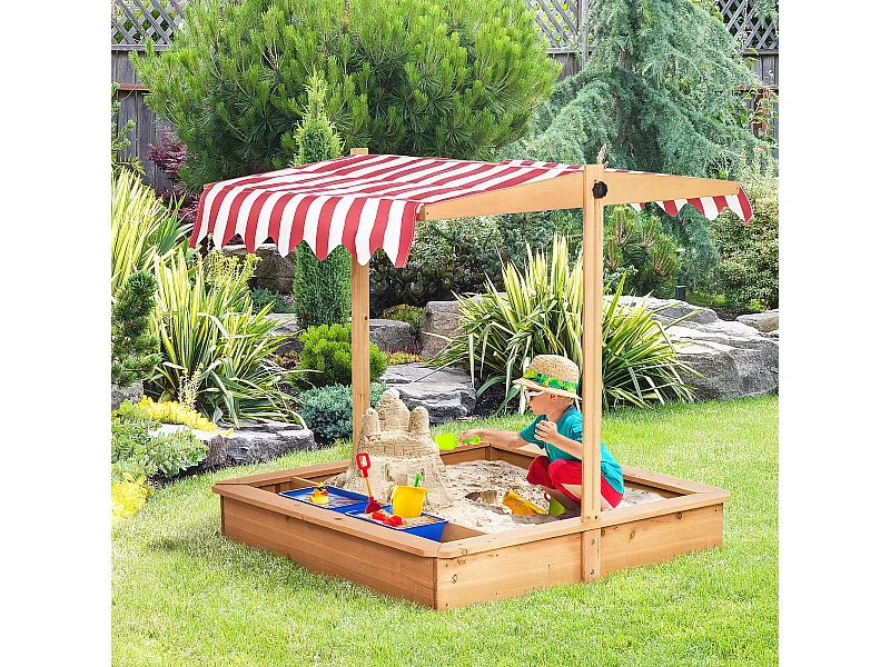 Sabbiera per bambini in legno con tettuccio regolabile e vaschette