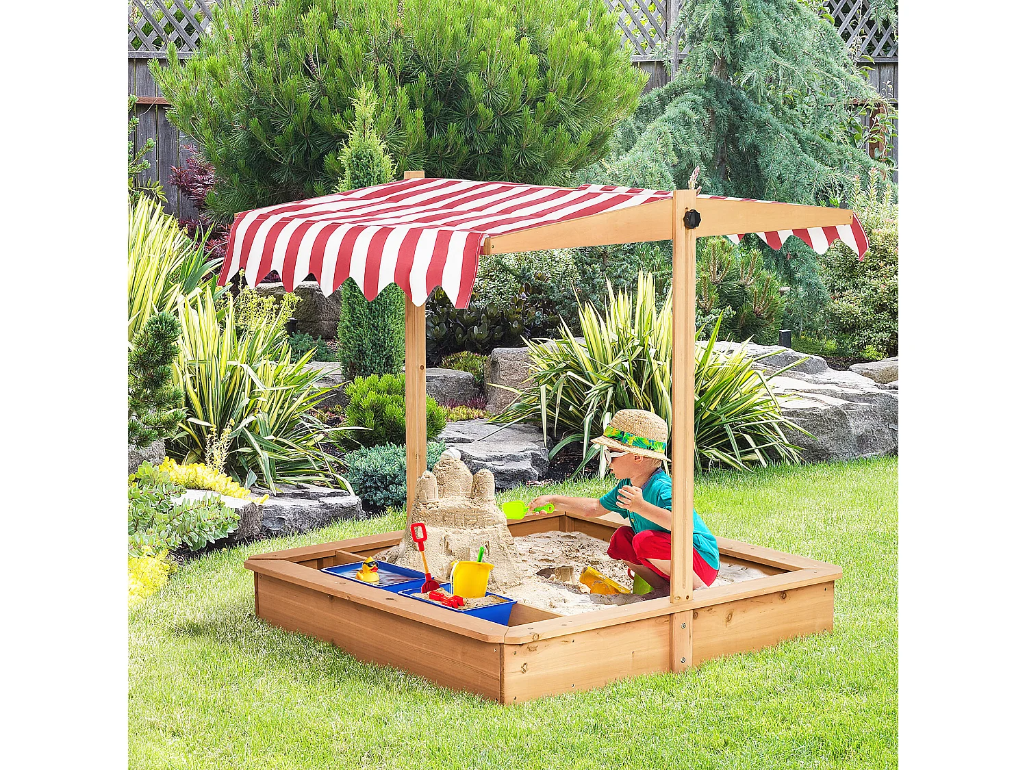 Sabbiera per bambini in legno con tettuccio regolabile e vaschette