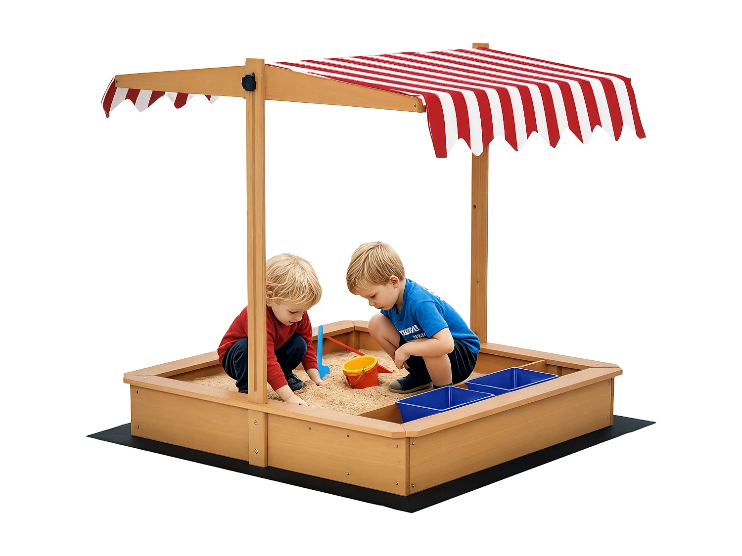 Sabbiera per bambini in legno con tettuccio regolabile e vaschette