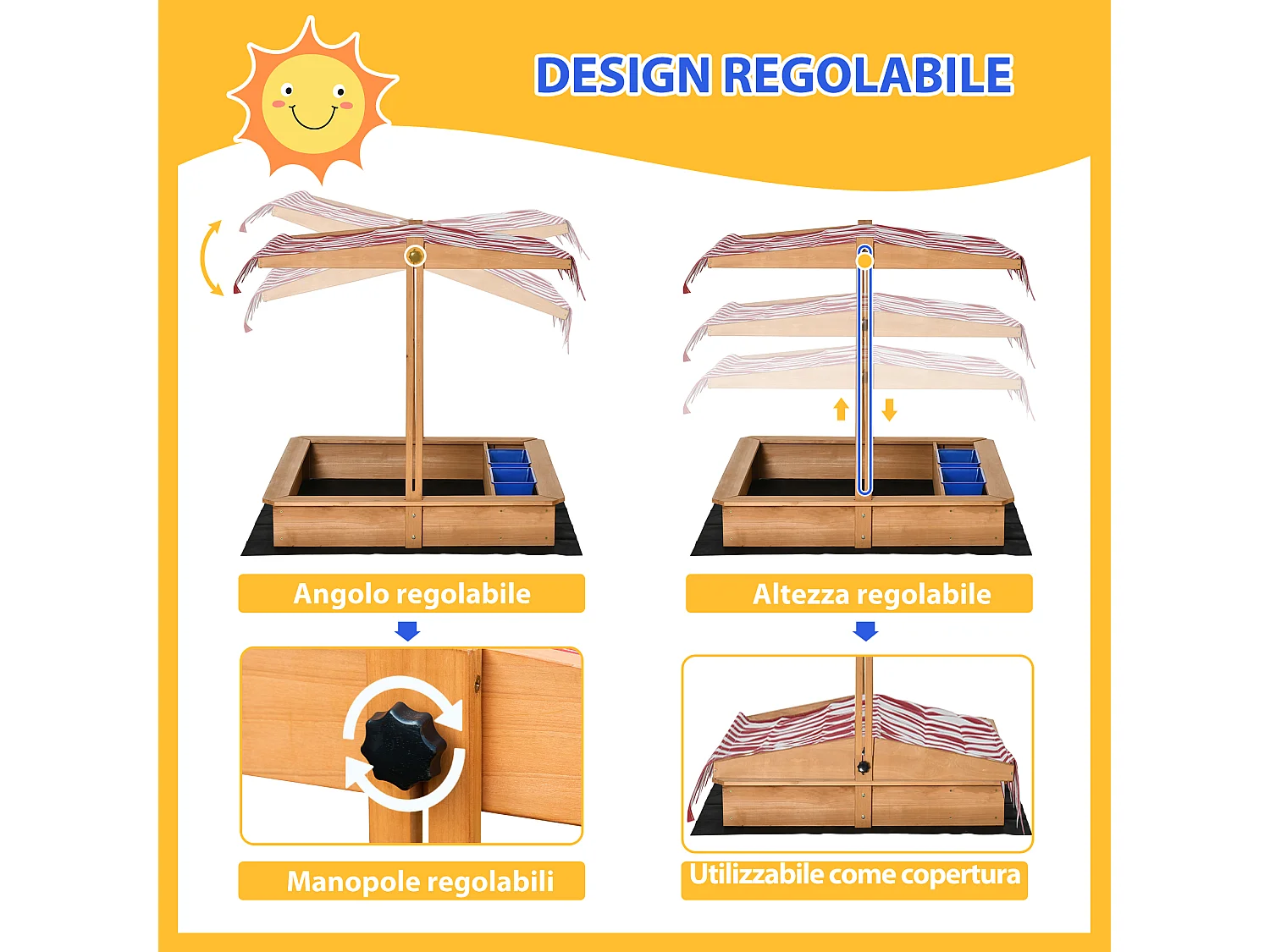 Sabbiera per bambini in legno con tettuccio regolabile e vaschette