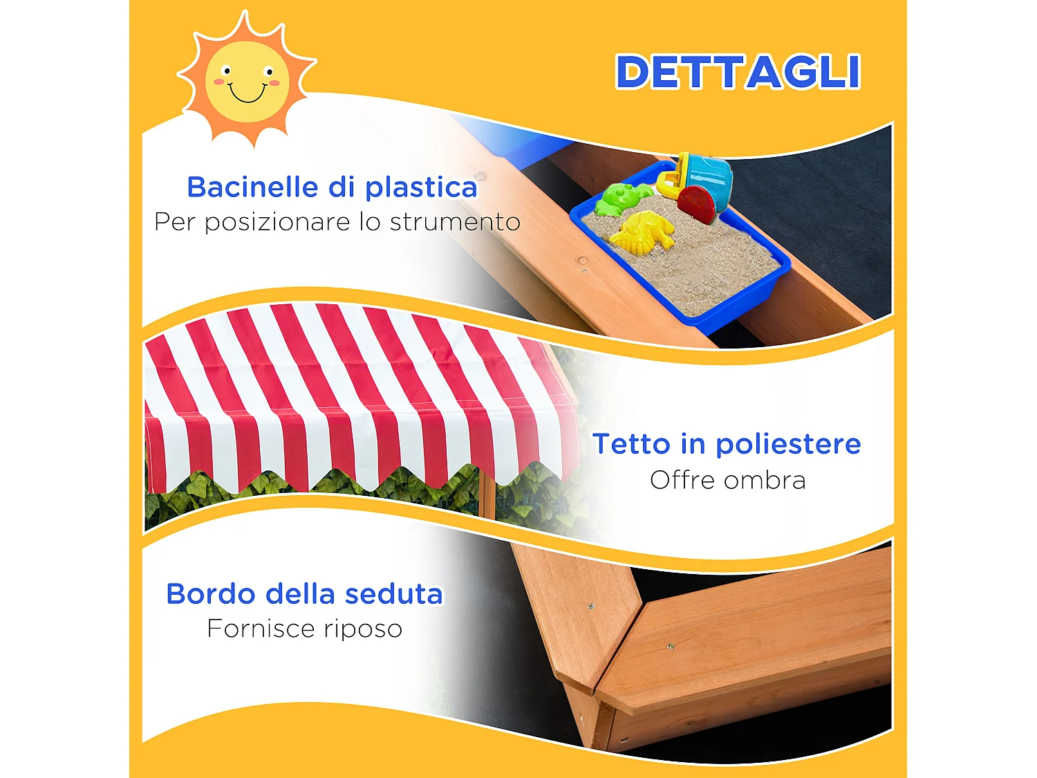 Sabbiera per bambini in legno con tettuccio regolabile e vaschette