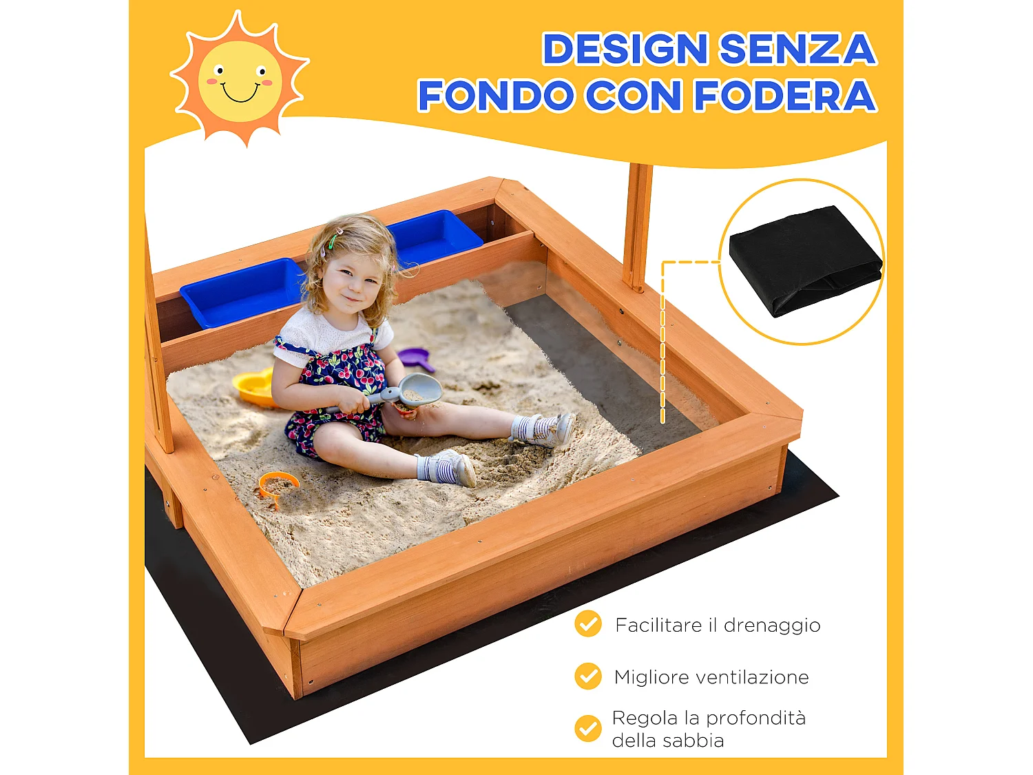 Sabbiera per bambini in legno con tettuccio regolabile e vaschette