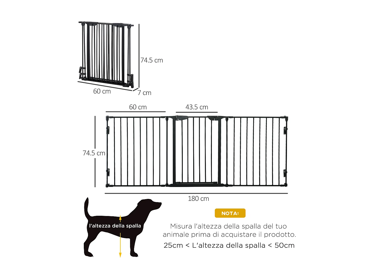 Cancellino per cani pieghevole e modulabile a 3 pannelli 180x74.5cm nero