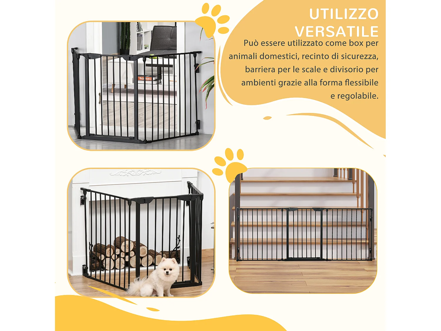 Cancellino per cani pieghevole e modulabile a 3 pannelli 180x74.5cm nero