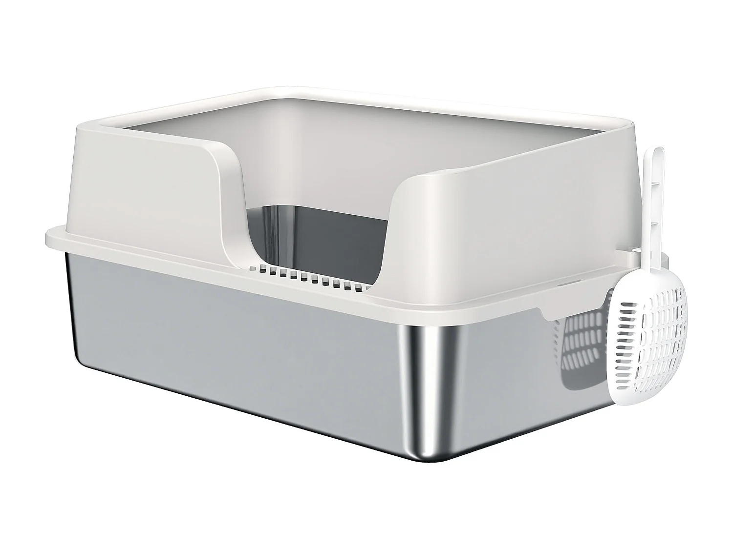 Lettiera per gatti con bordi rialzati, vassoio e paletta grigio chiaro