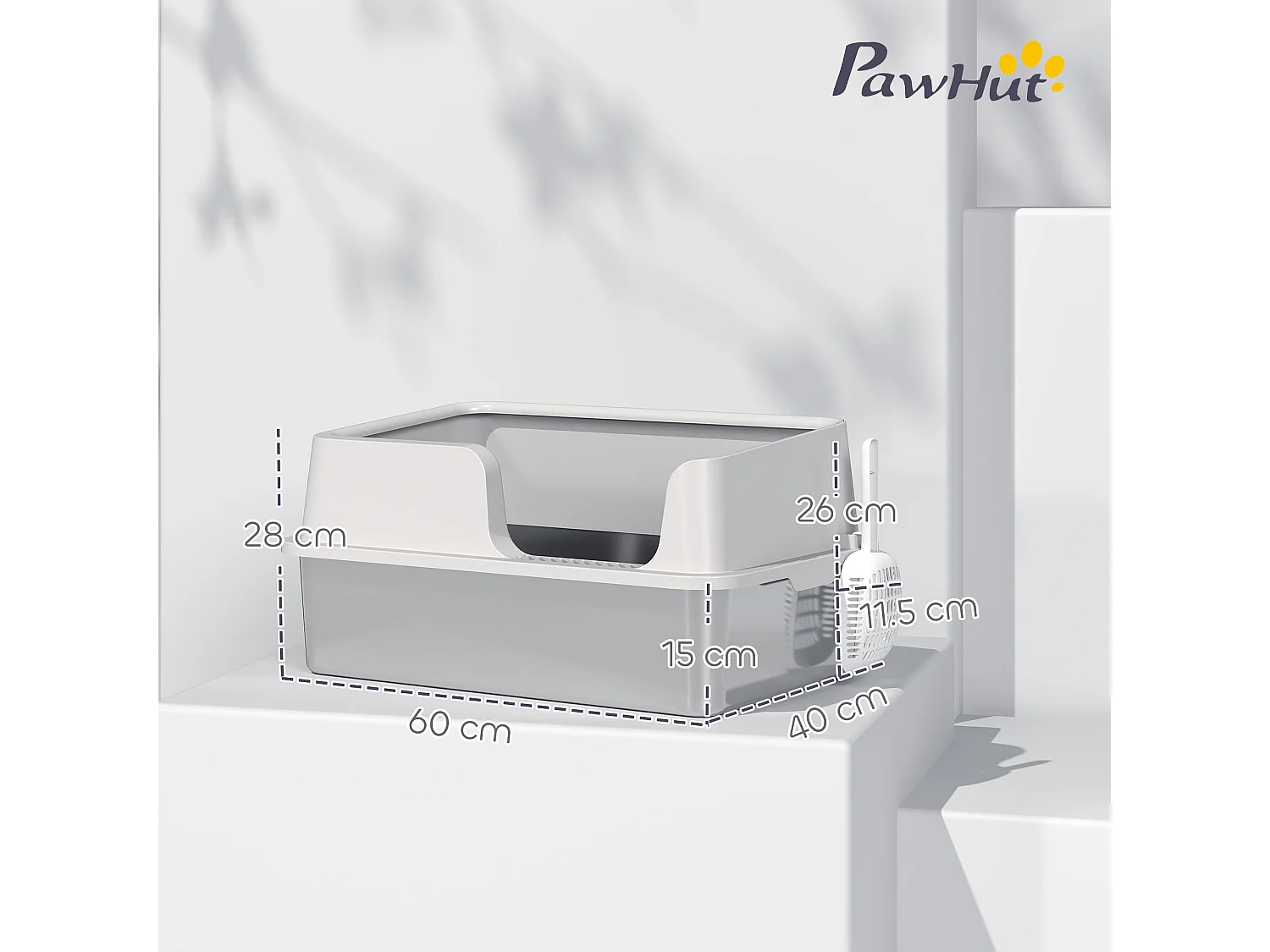 Lettiera per gatti con bordi rialzati, vassoio e paletta grigio chiaro