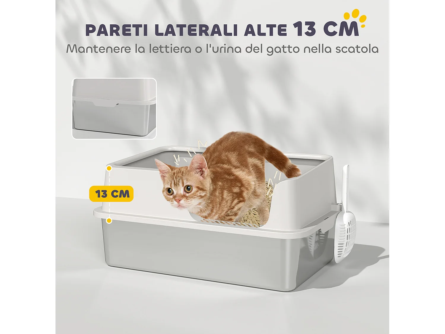 Lettiera per gatti con bordi rialzati, vassoio e paletta grigio chiaro
