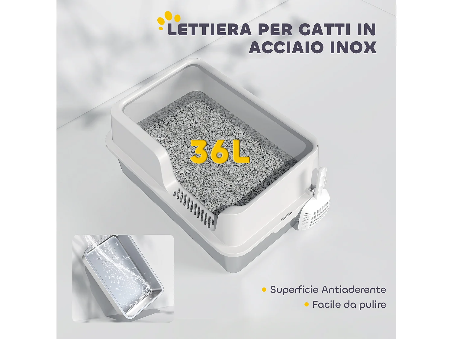 Lettiera per gatti con bordi rialzati, vassoio e paletta grigio chiaro