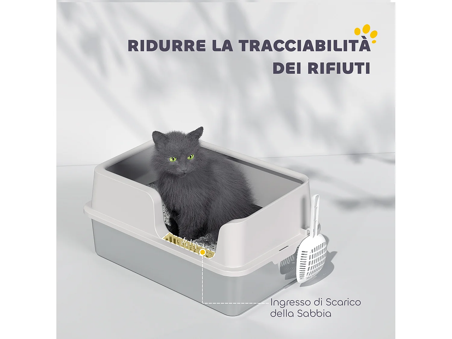 Lettiera per gatti con bordi rialzati, vassoio e paletta grigio chiaro