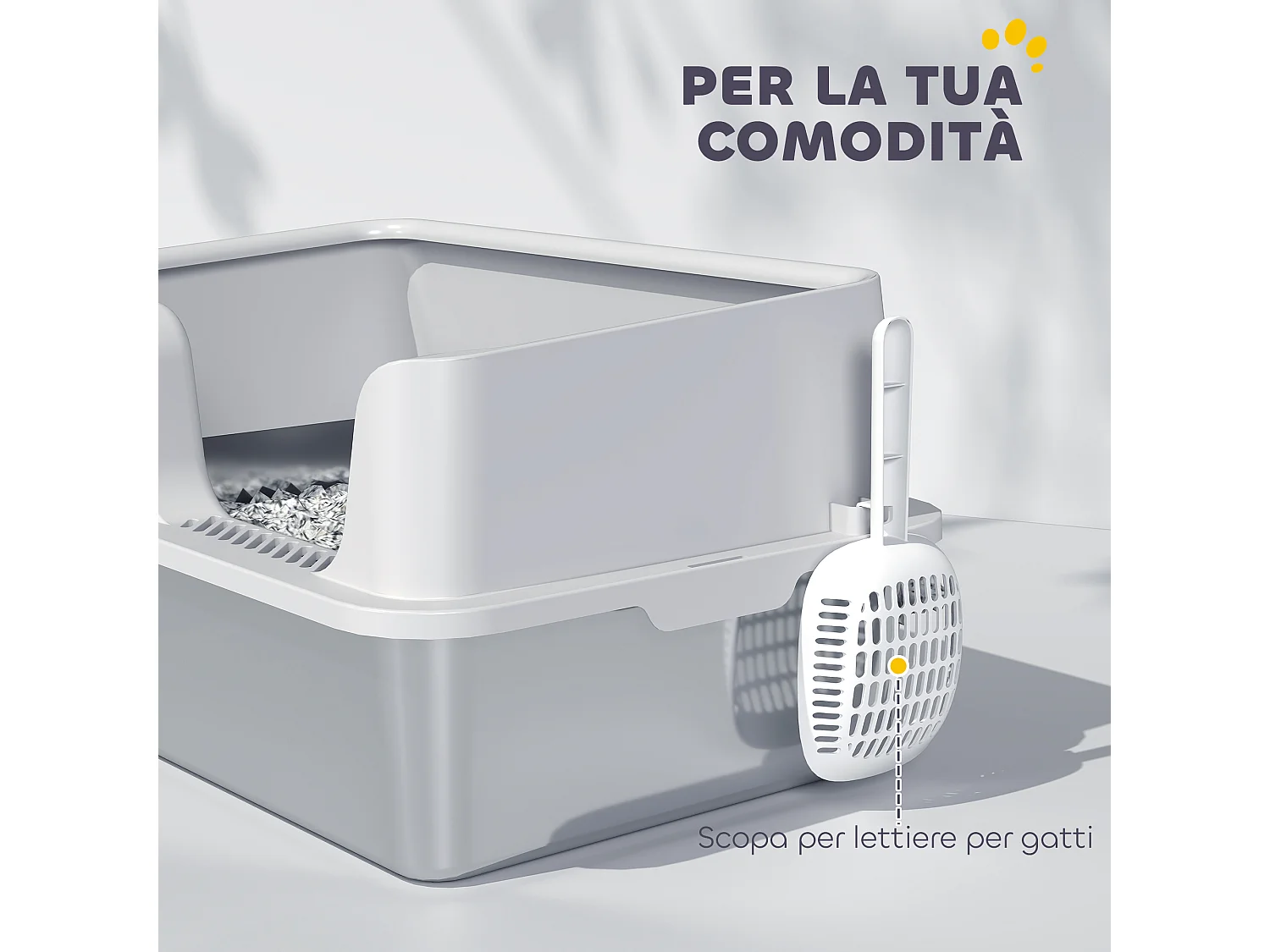 Lettiera per gatti con bordi rialzati, vassoio e paletta grigio chiaro