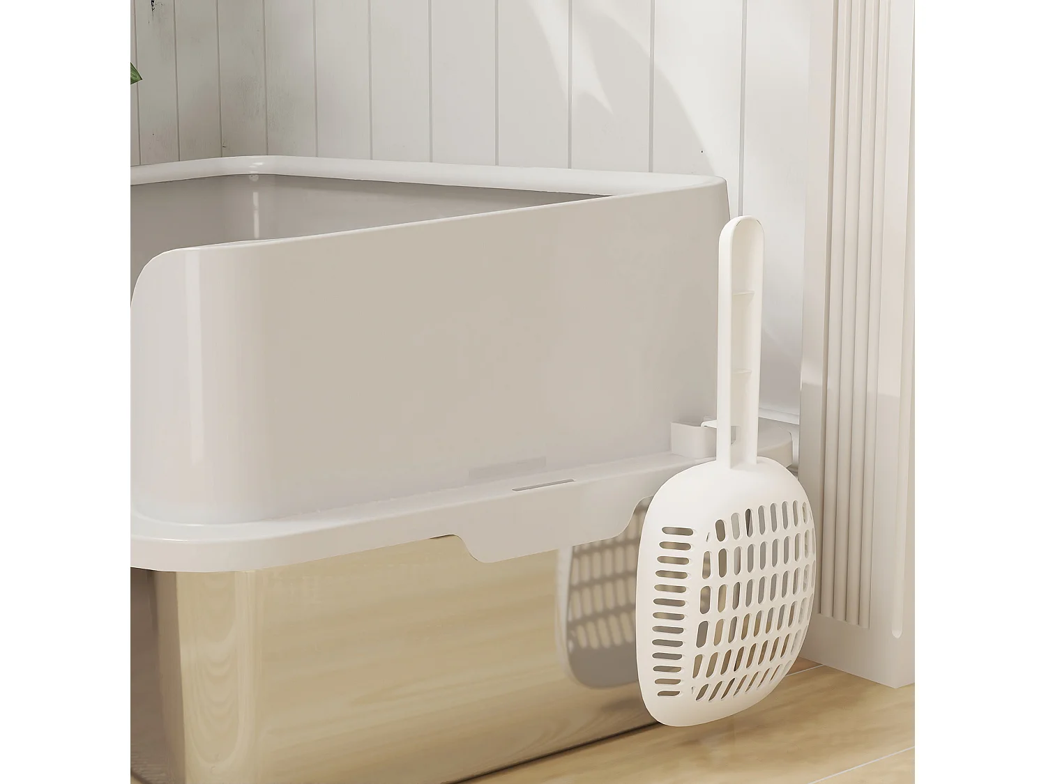 Lettiera per gatti con bordi rialzati, vassoio e paletta grigio chiaro