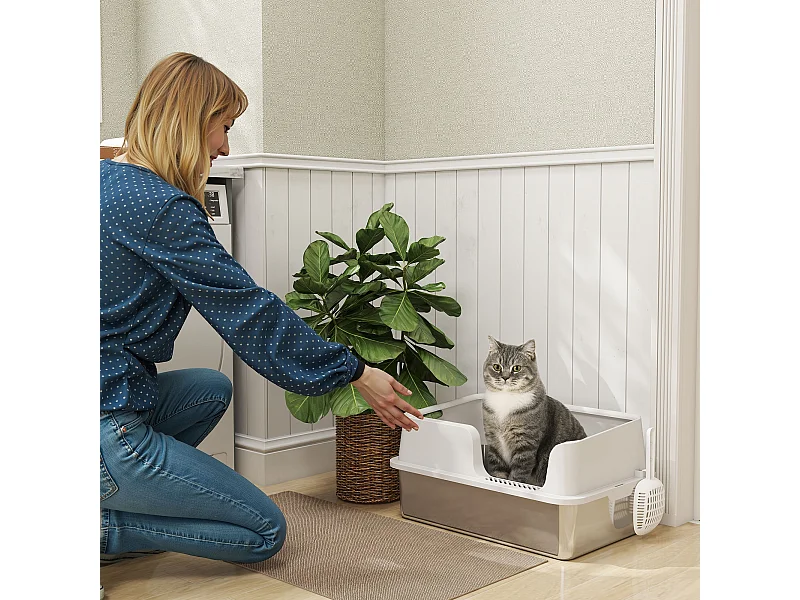 Lettiera per gatti con bordi rialzati, vassoio e paletta grigio chiaro