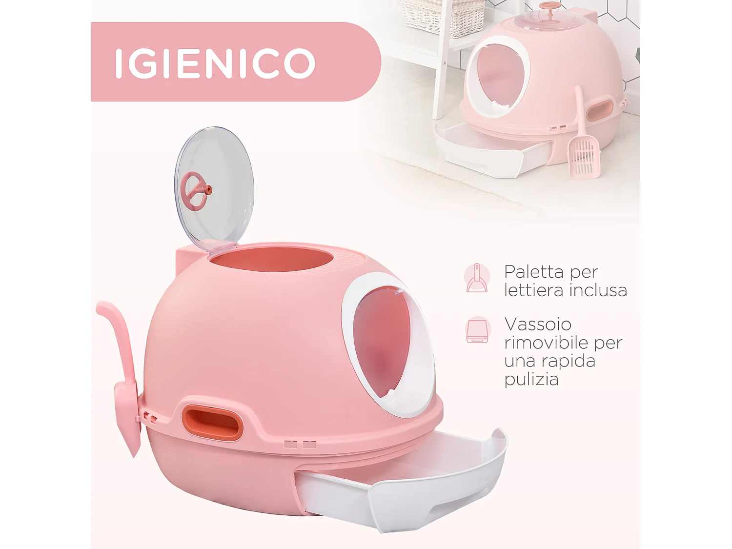 Lettiera per gatti chiusa con vassoio estraibile e 2 ingressi rosa