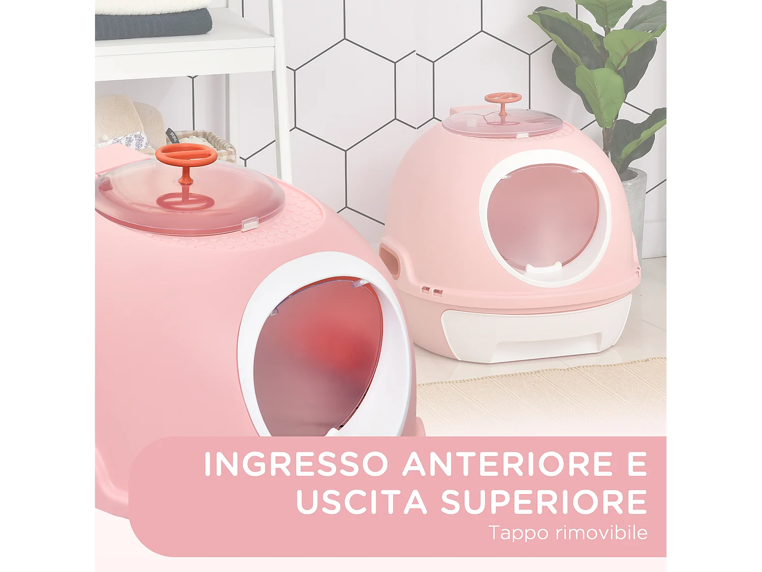 Lettiera per gatti chiusa con vassoio estraibile e 2 ingressi rosa