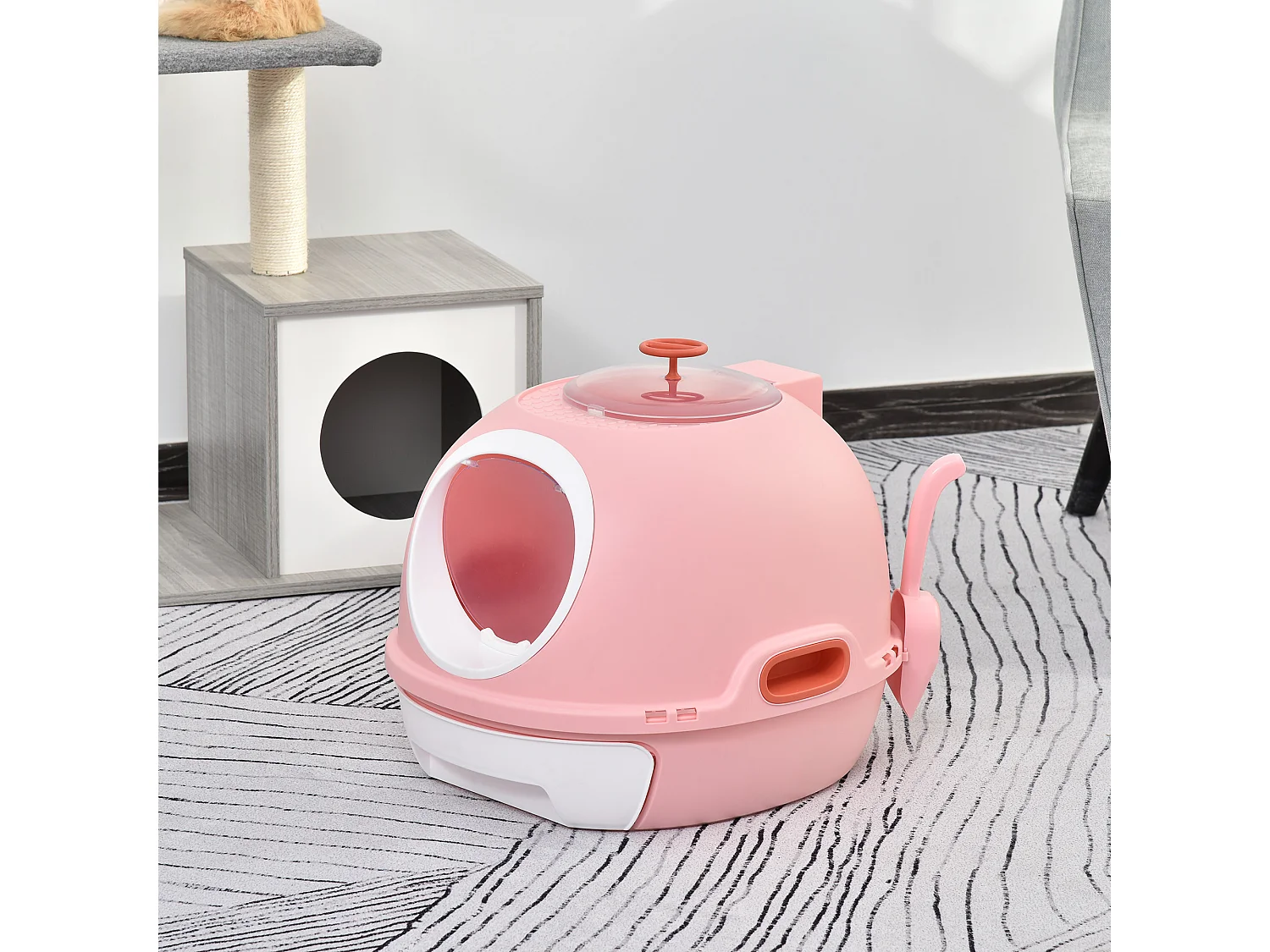 Lettiera per gatti chiusa con vassoio estraibile e 2 ingressi rosa