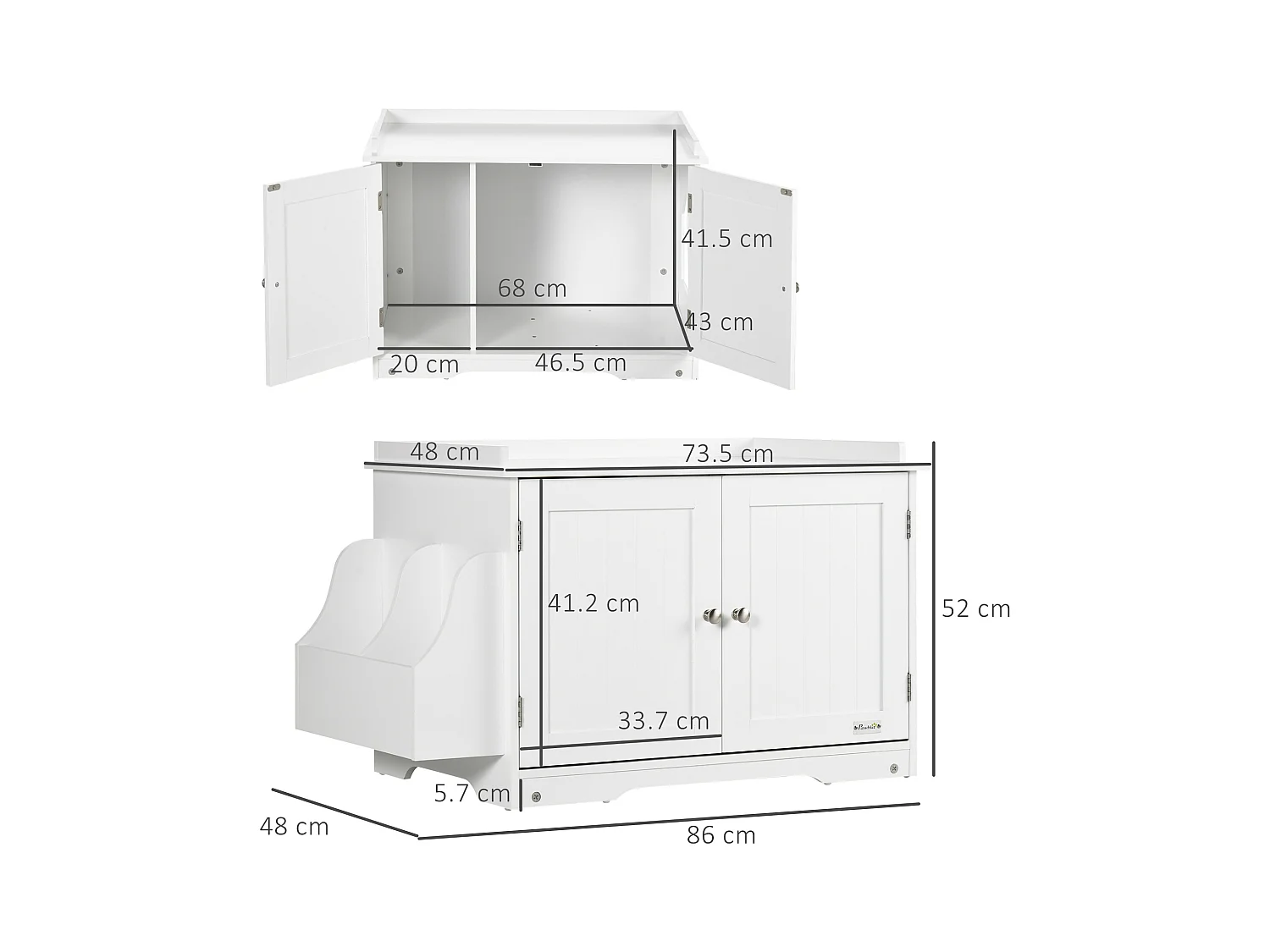 Mobile lettiera gatti 2 ante con divisorio regolabile 86x48x52cm bianco