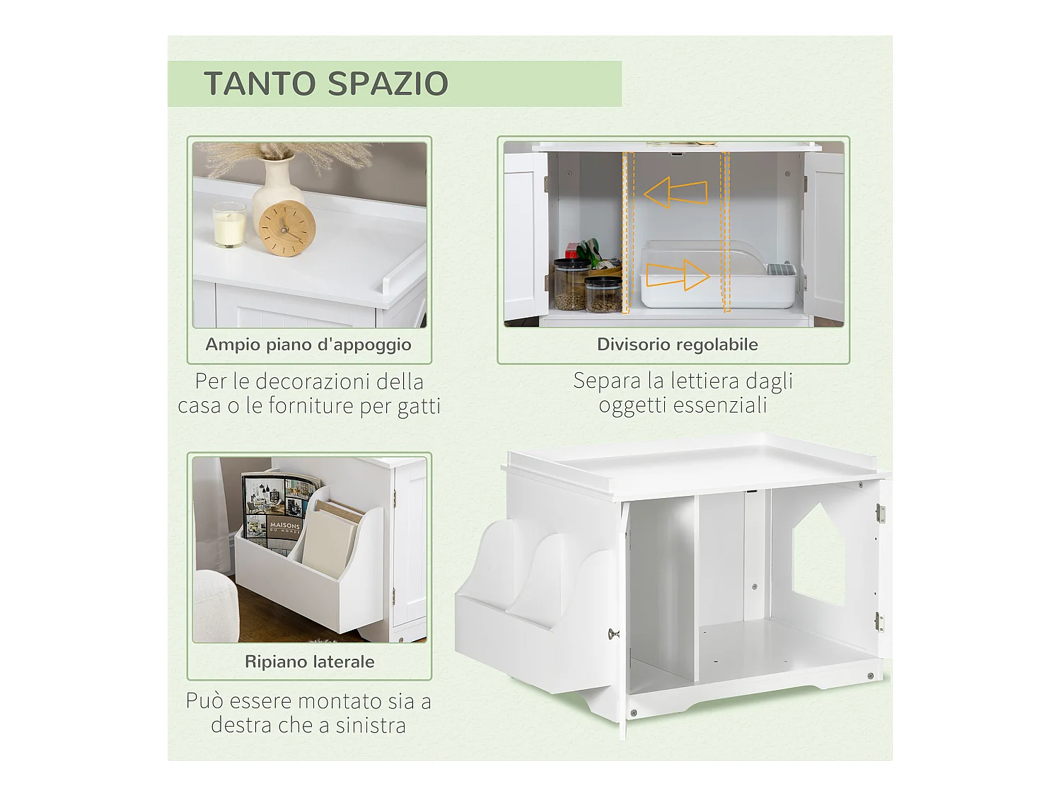 Mobile lettiera gatti 2 ante con divisorio regolabile 86x48x52cm bianco