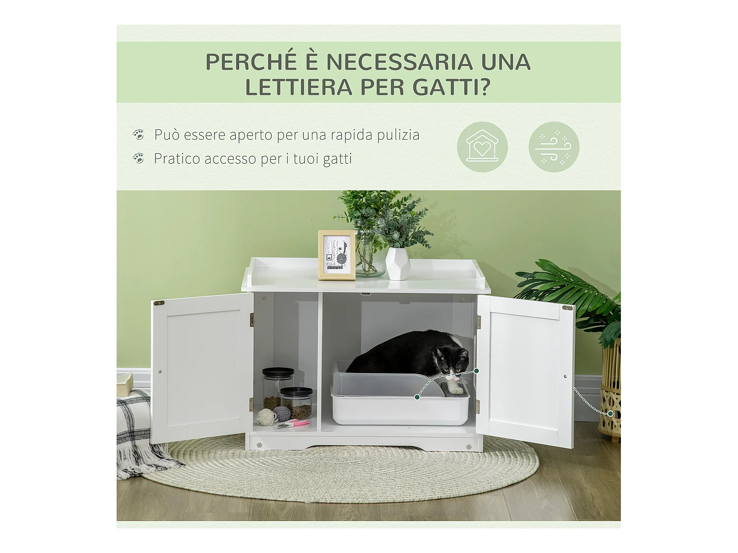 Mobile lettiera gatti 2 ante con divisorio regolabile 86x48x52cm bianco