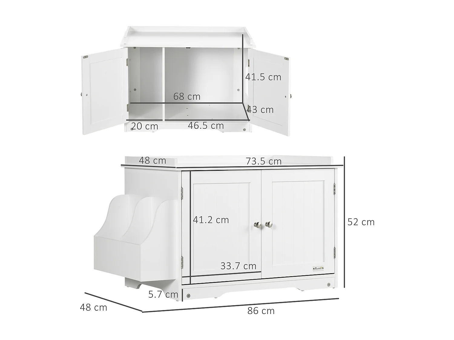 Mobile lettiera gatti 2 ante con divisorio regolabile 86x48x52cm bianco