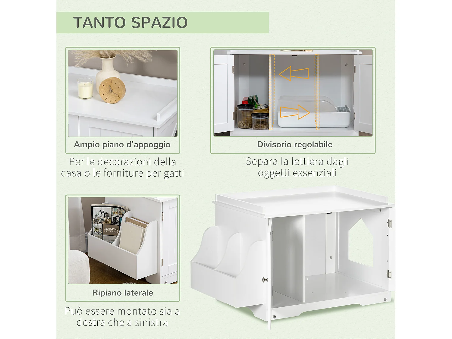Mobile lettiera gatti 2 ante con divisorio regolabile 86x48x52cm bianco