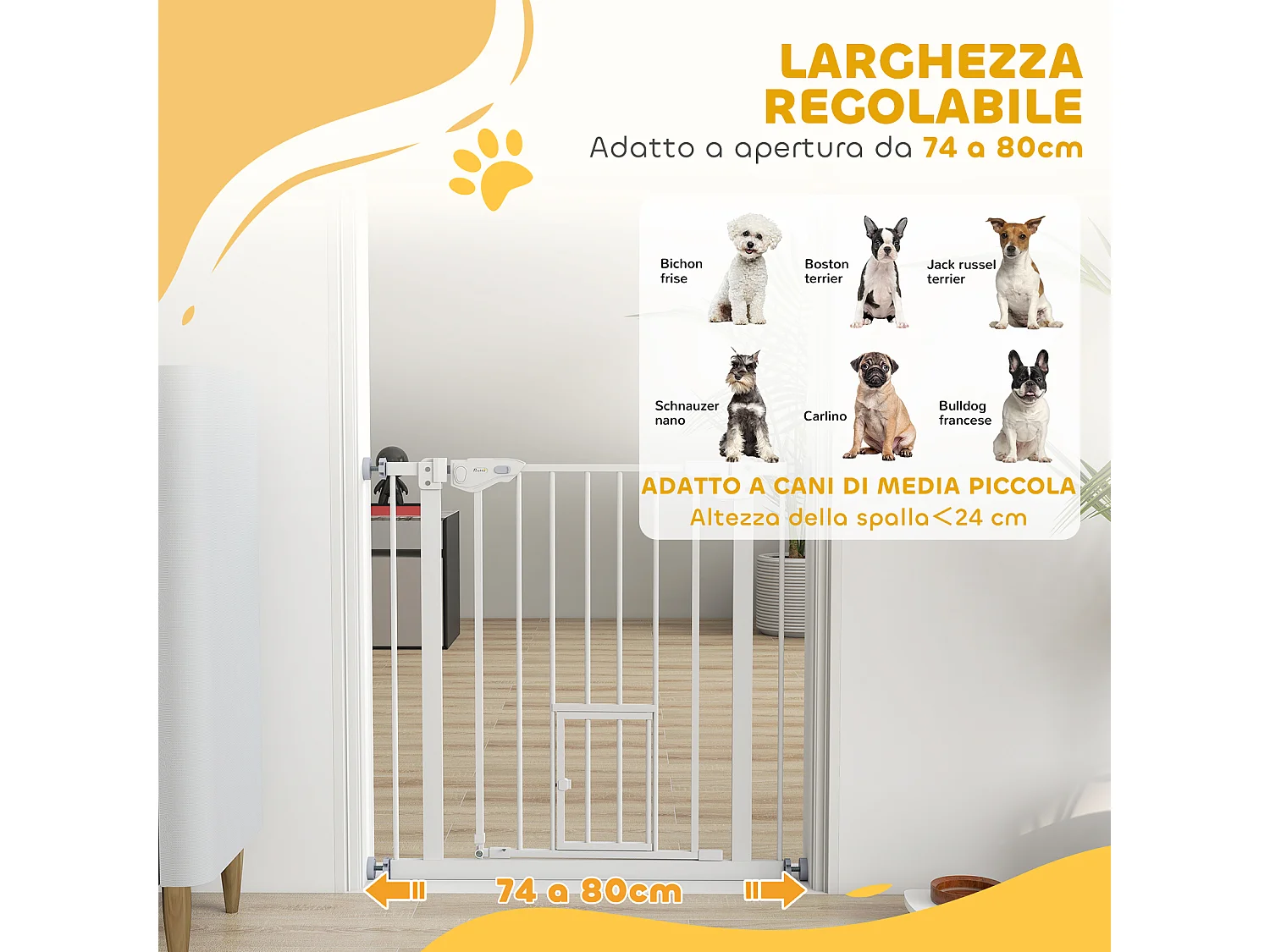 Cancellino cani con porta piccola chiusura automatica 74-80x76.2cm bianco