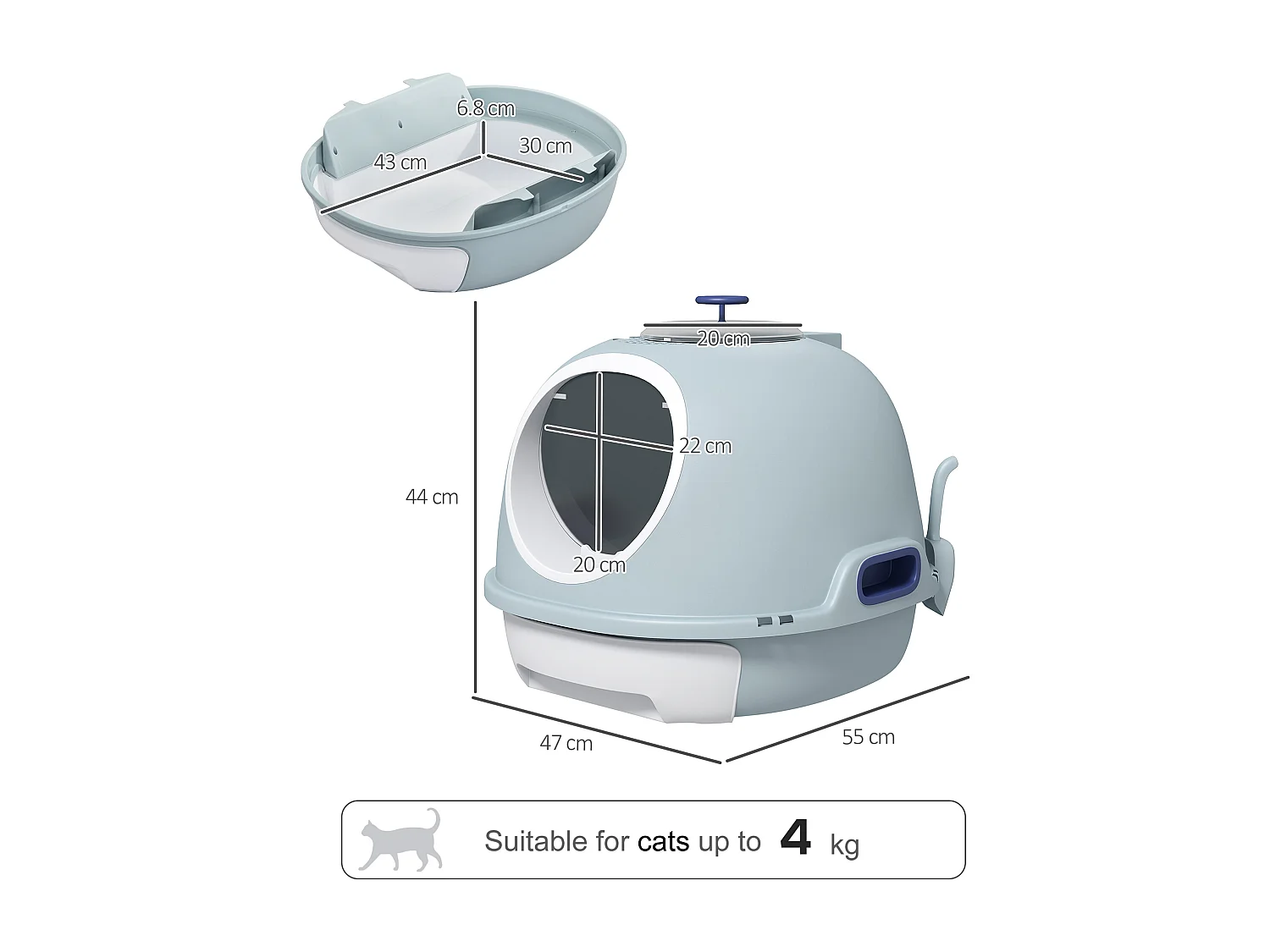 Lettiera per gatti chiusa con vassoio estraibile e 2 ingressi azzurro