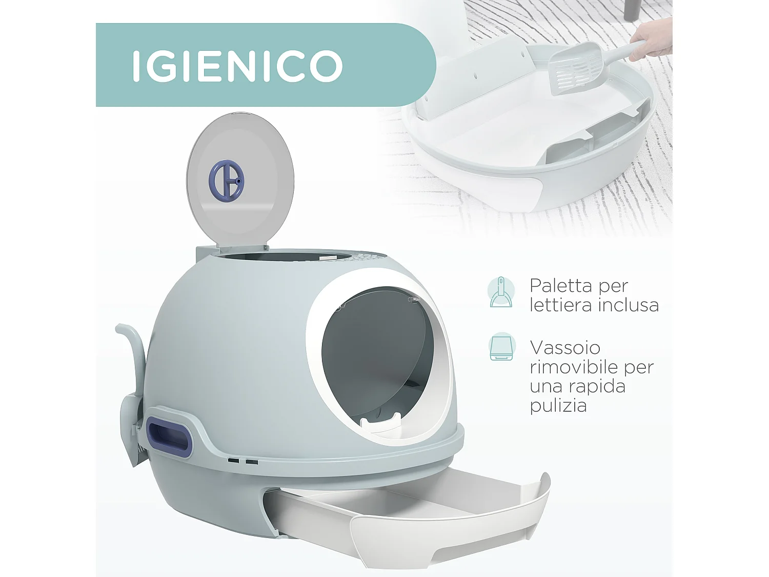 Lettiera per gatti chiusa con vassoio estraibile e 2 ingressi azzurro