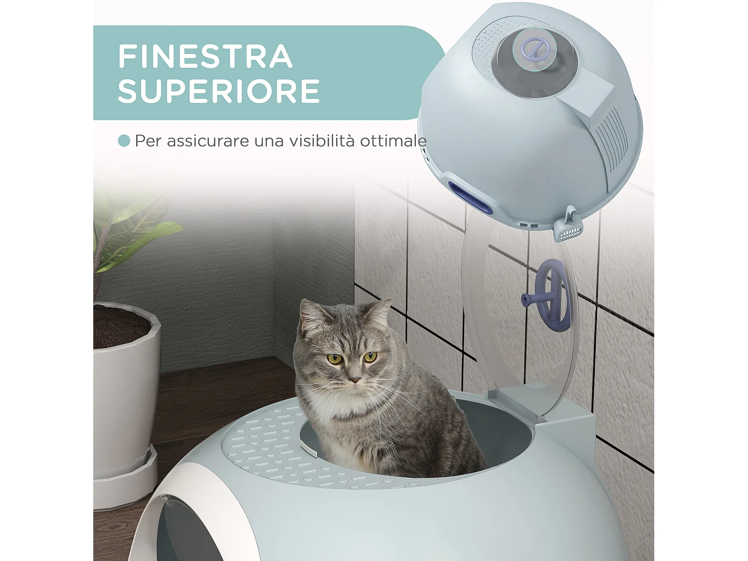 Lettiera per gatti chiusa con vassoio estraibile e 2 ingressi azzurro