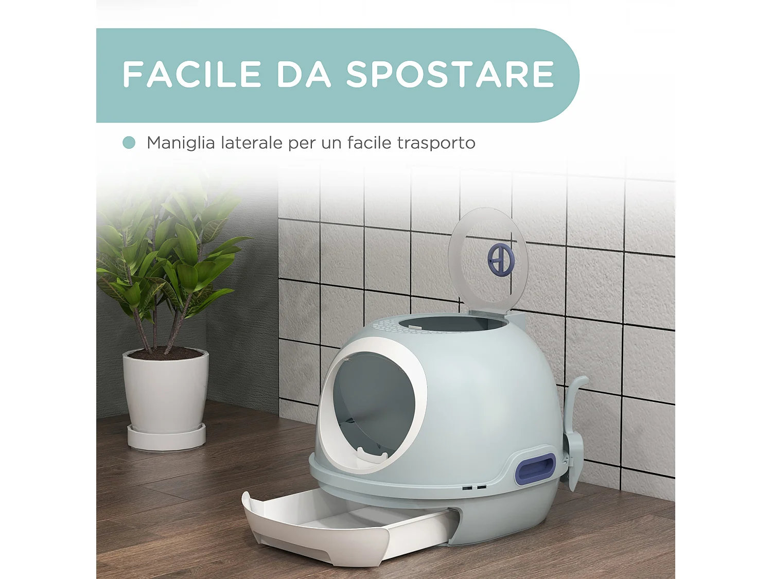 Lettiera per gatti chiusa con vassoio estraibile e 2 ingressi azzurro