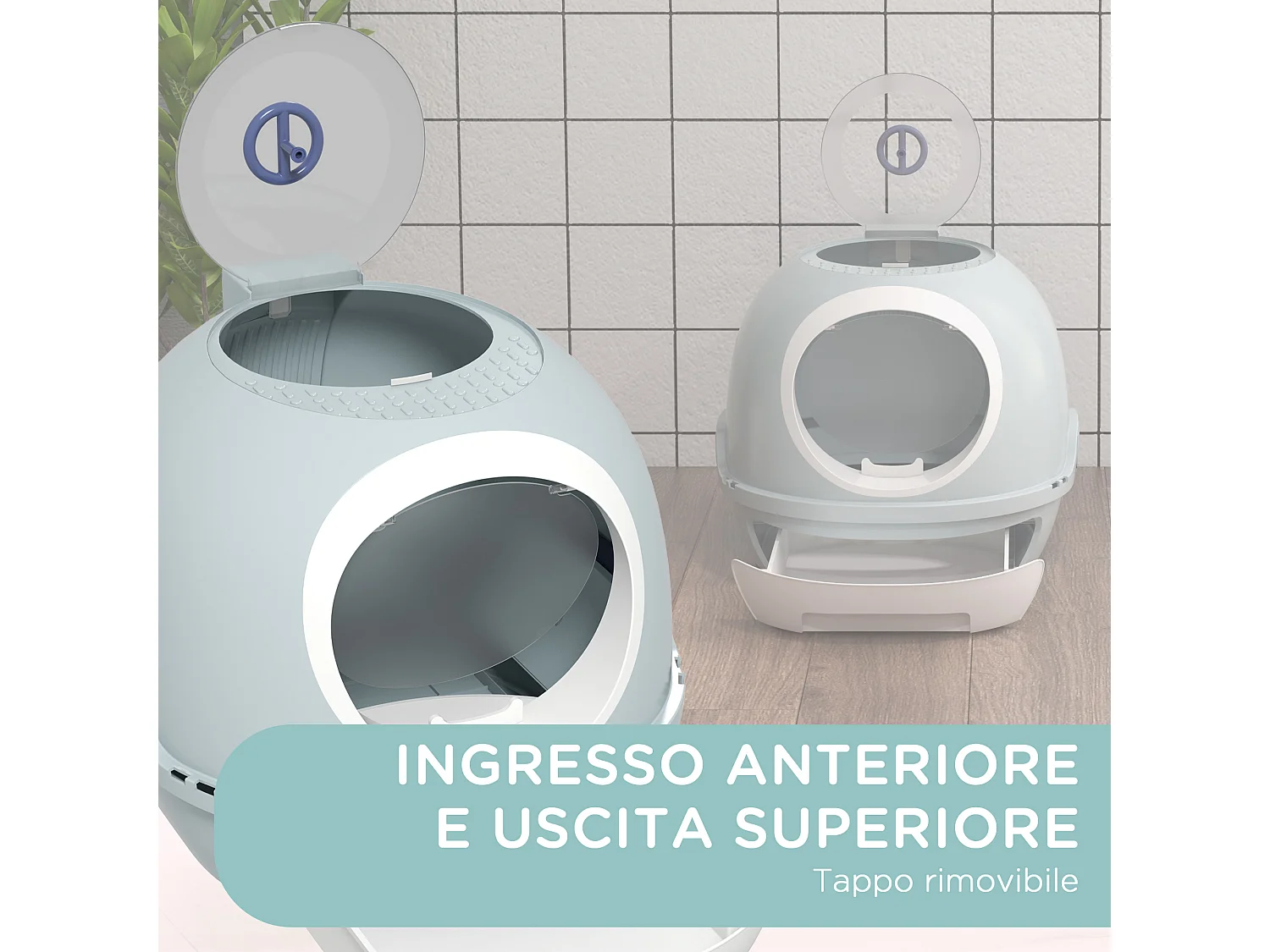 Lettiera per gatti chiusa con vassoio estraibile e 2 ingressi azzurro