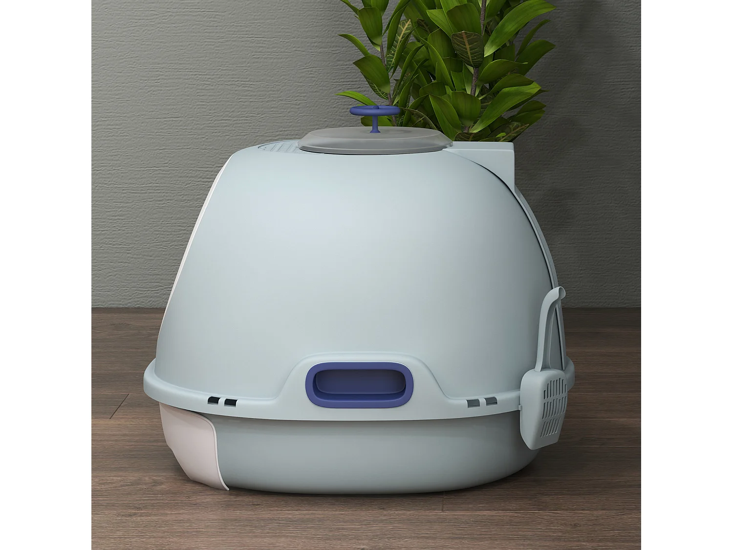 Lettiera per gatti chiusa con vassoio estraibile e 2 ingressi azzurro