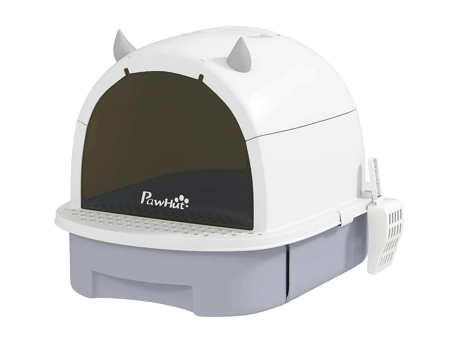 Lettiera per gatti chiusa con vassoio estraibile e paletta grigio