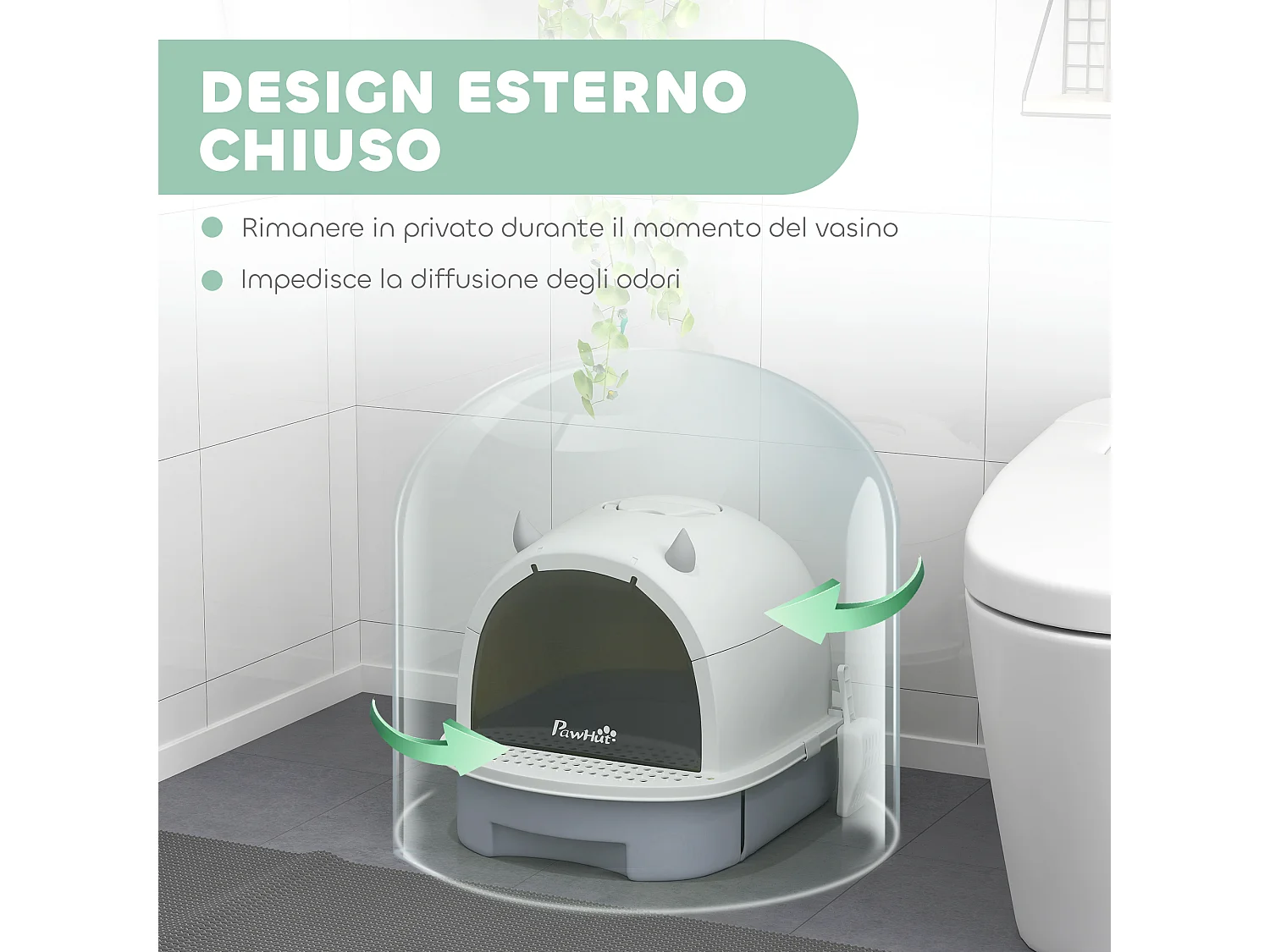 Lettiera per gatti chiusa con vassoio estraibile e paletta grigio