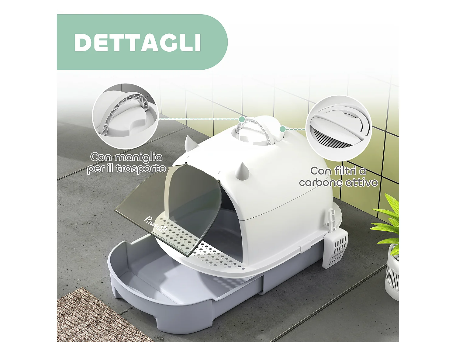 Lettiera per gatti chiusa con vassoio estraibile e paletta grigio