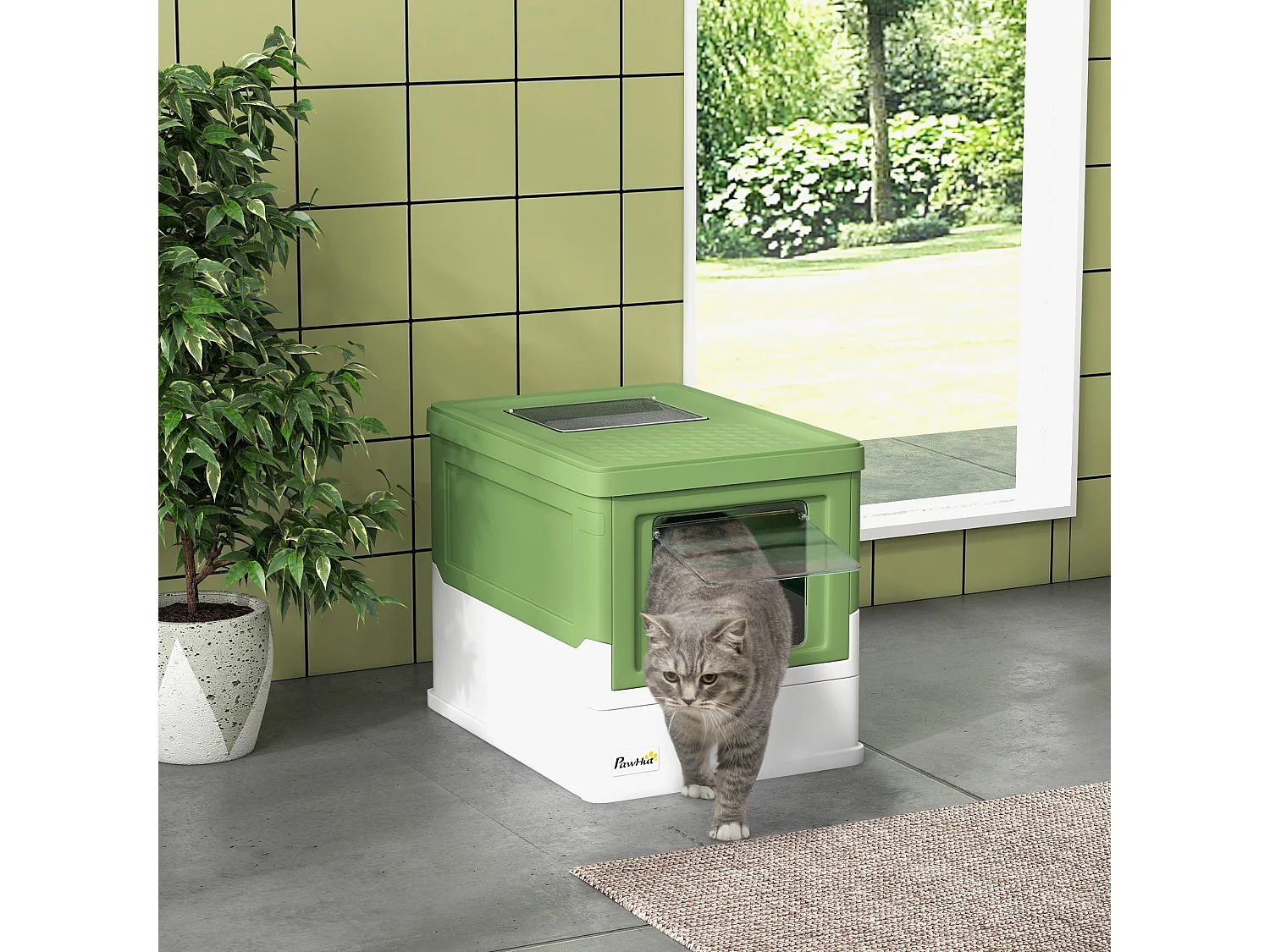 Lettiera per gatti chiusa con paletta vassoio estraibile e 2 porte verde