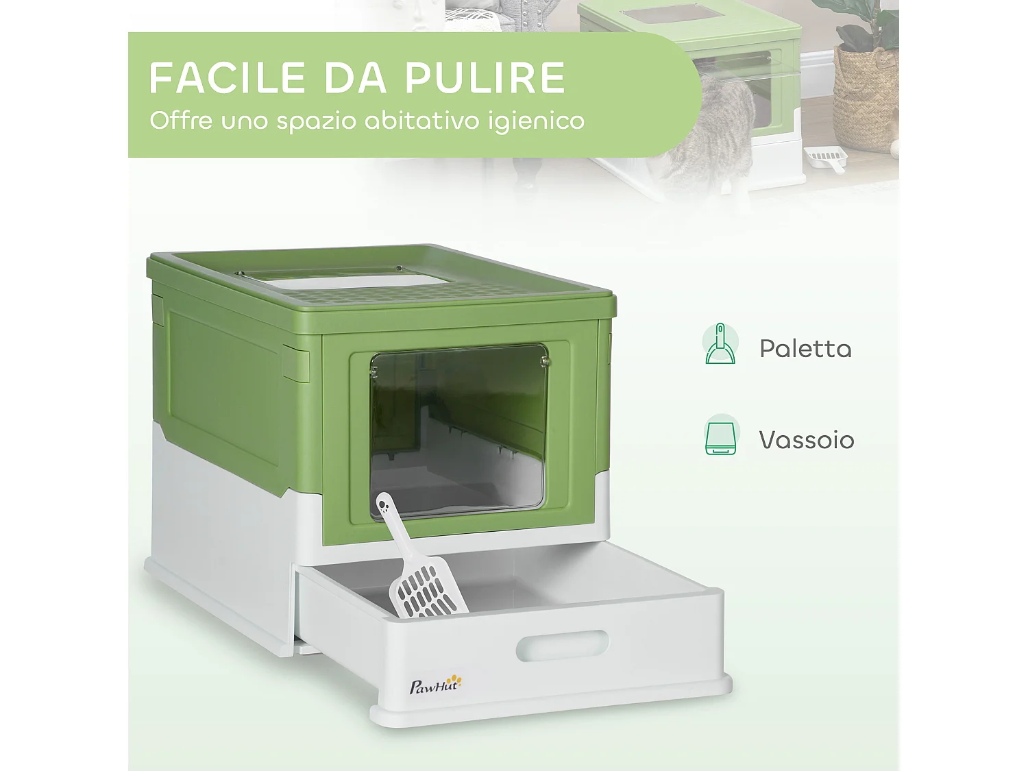 Lettiera per gatti chiusa con paletta vassoio estraibile e 2 porte verde