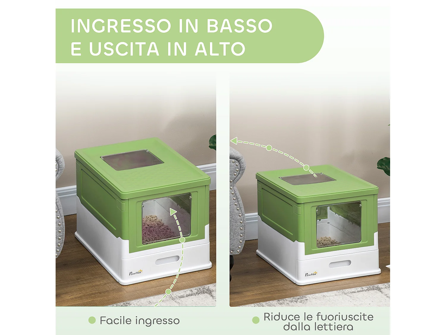 Lettiera per gatti chiusa con paletta vassoio estraibile e 2 porte verde