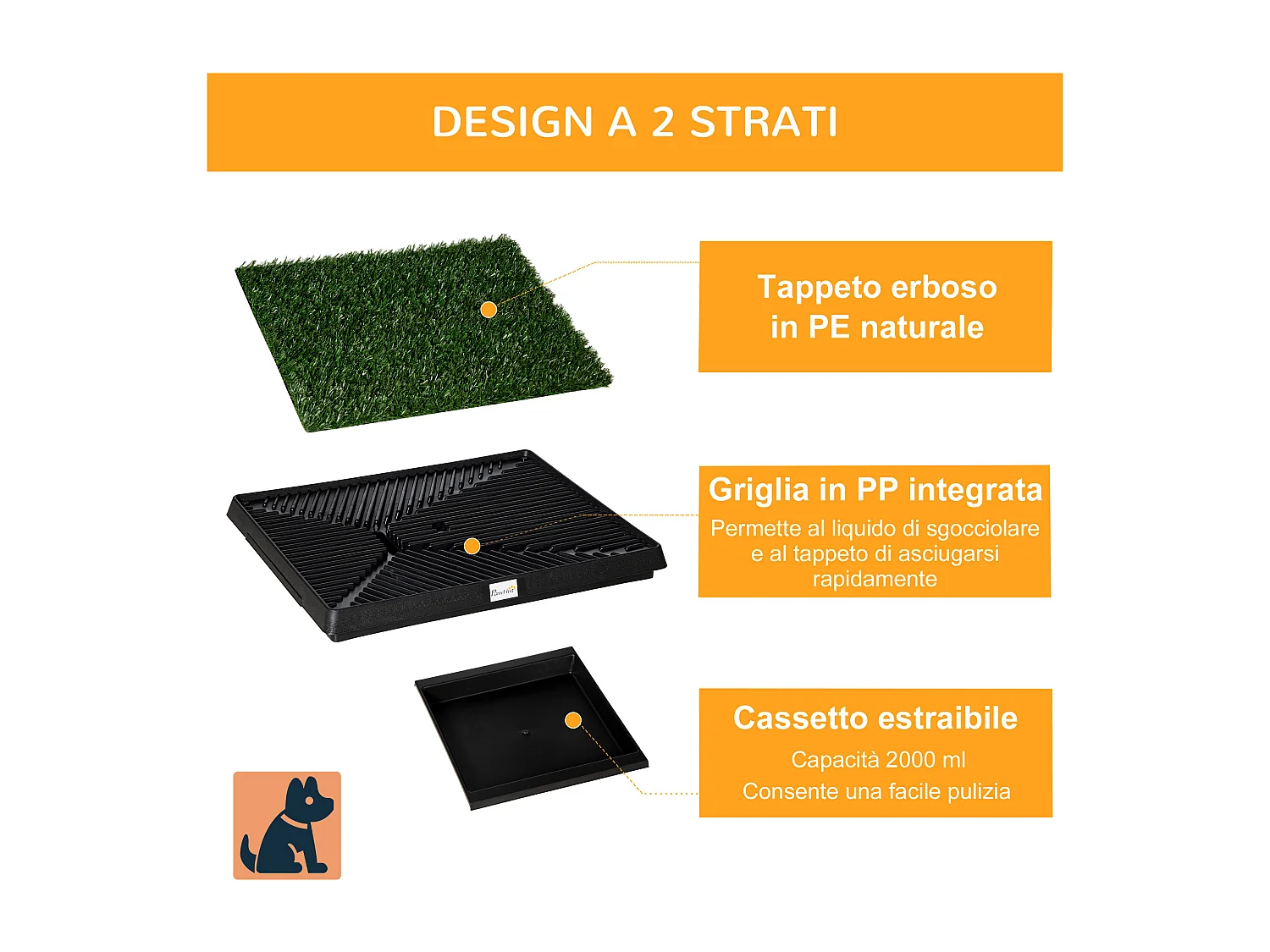 Toilette per cani con prato sintetico per interno ed esterno 51x63 cm