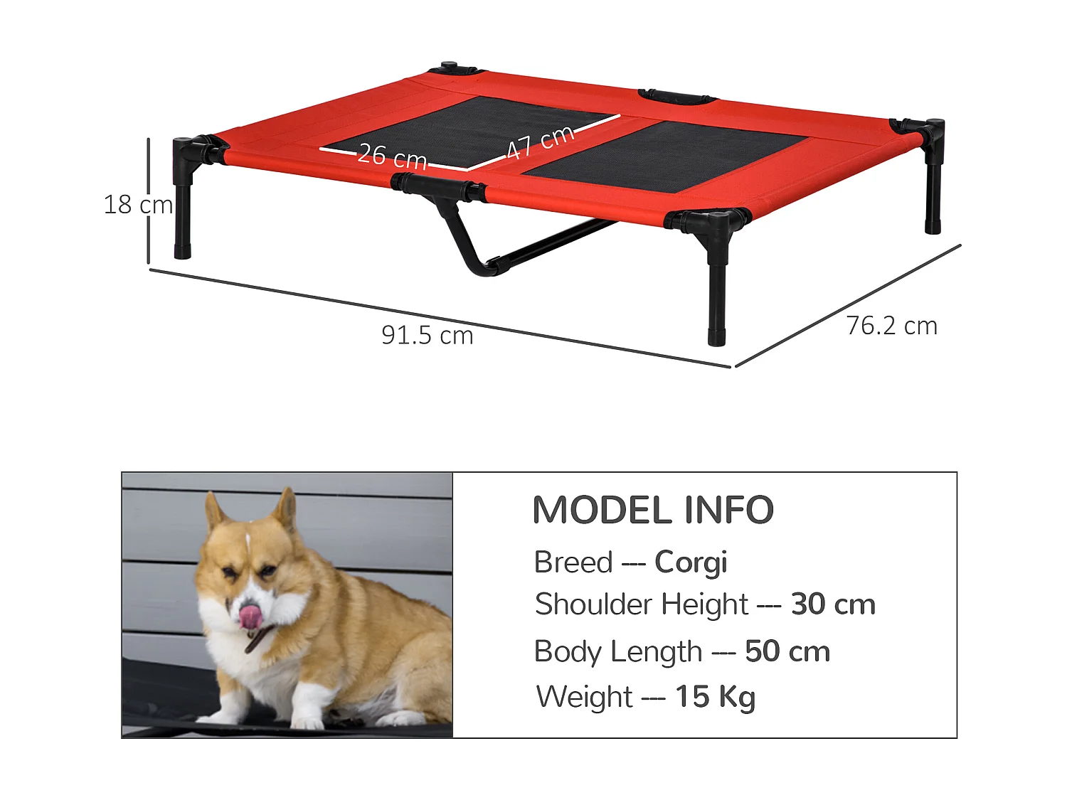 Lettino per cani grandi rialzato con tessuto a rete 91.5x76.2x18cm rosso