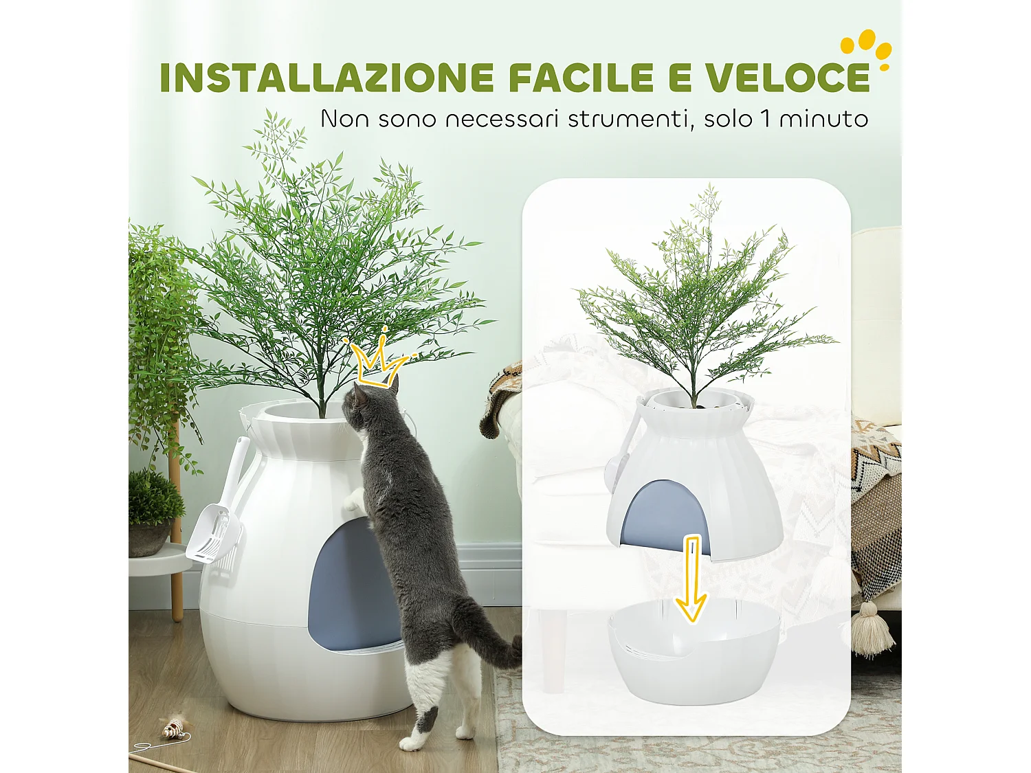 Lettiera per gatti antiodore a forma di vaso in abs e acciaio bianco