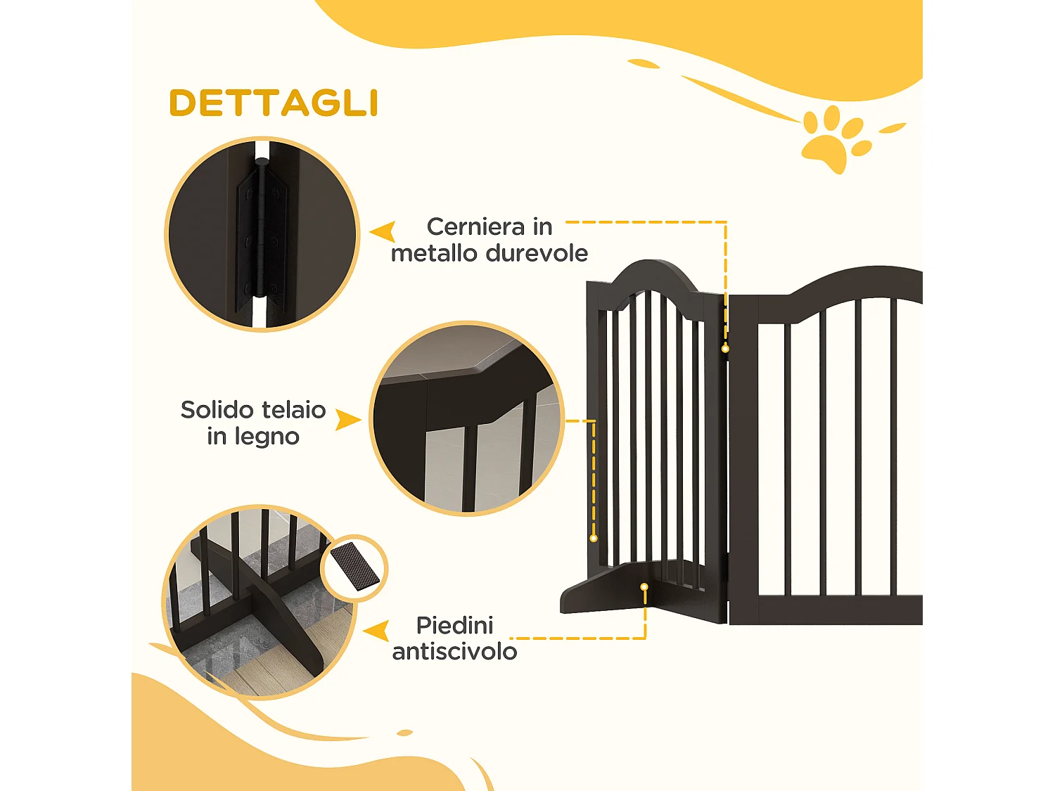 Cancellino per cani pieghevole a 3 sezioni legno 154.5x29.5x61cm caffè