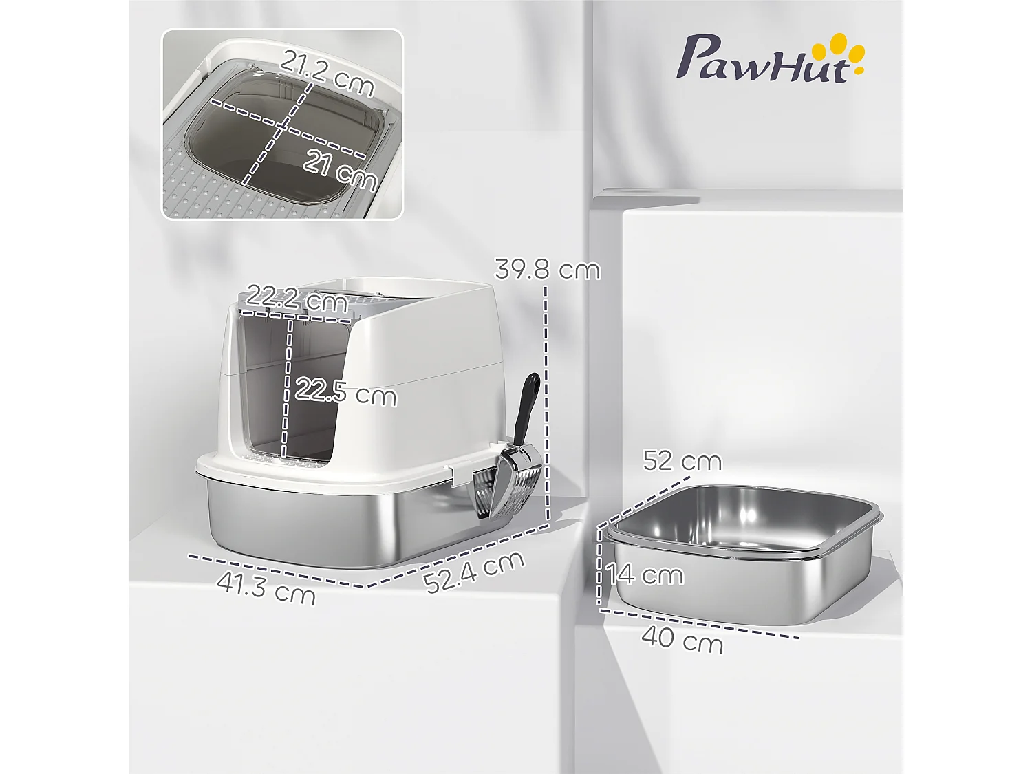 Lettiera per gatti a 2 ingressi con deodorante e paletta bianco