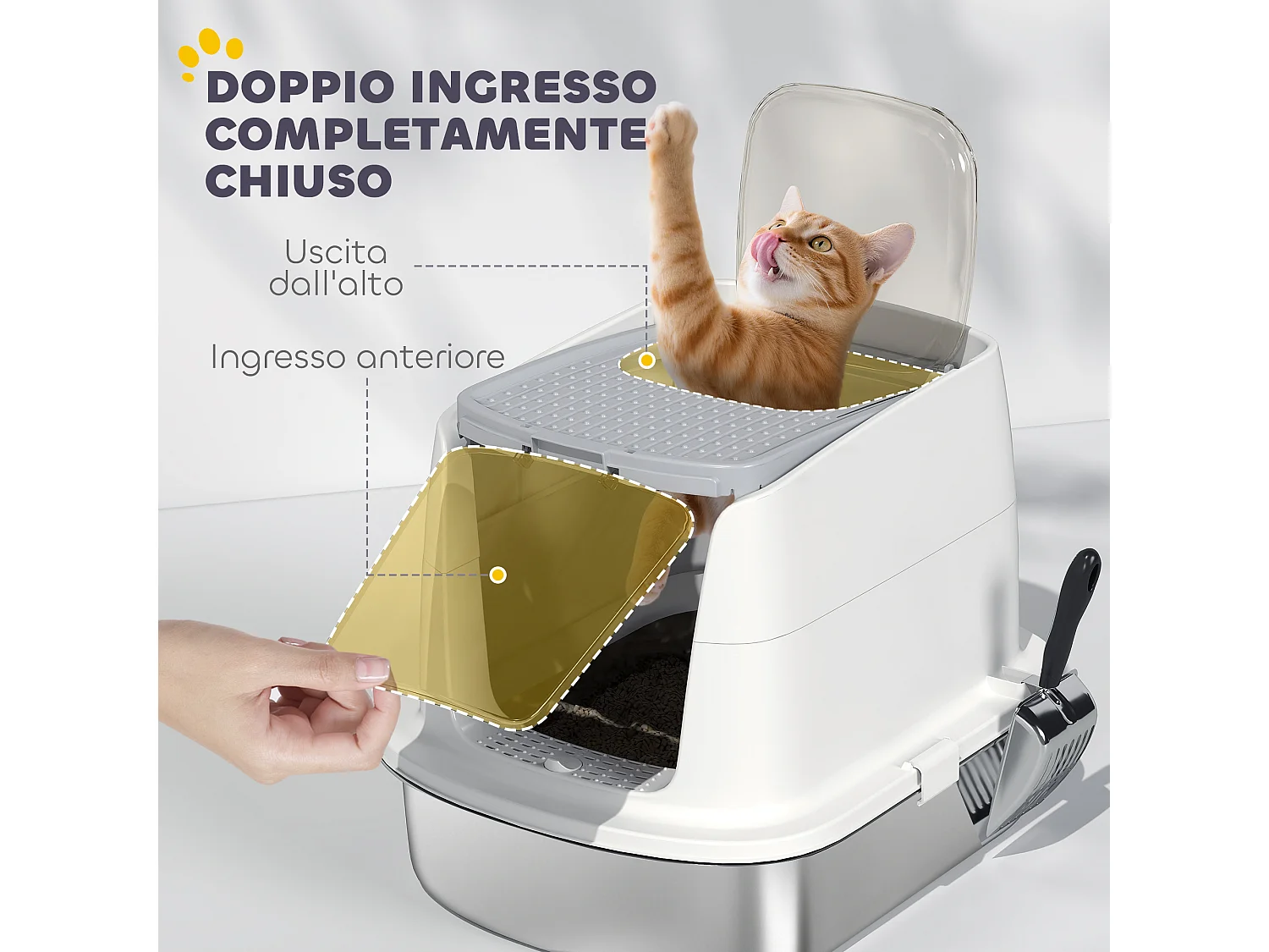 Lettiera per gatti a 2 ingressi con deodorante e paletta bianco