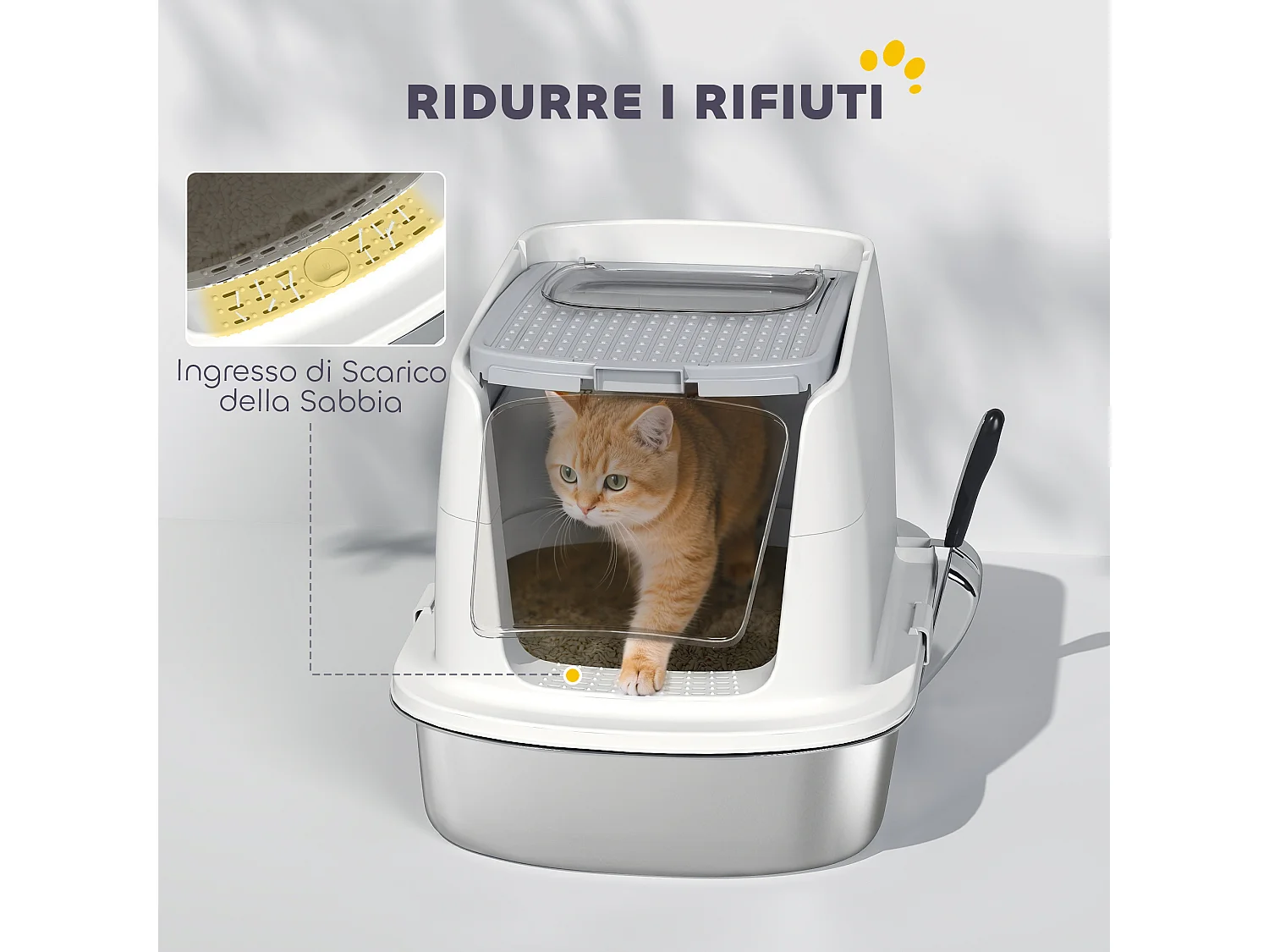 Lettiera per gatti a 2 ingressi con deodorante e paletta bianco