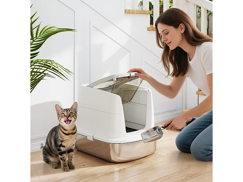 Lettiera per gatti a 2 ingressi con deodorante e paletta bianco