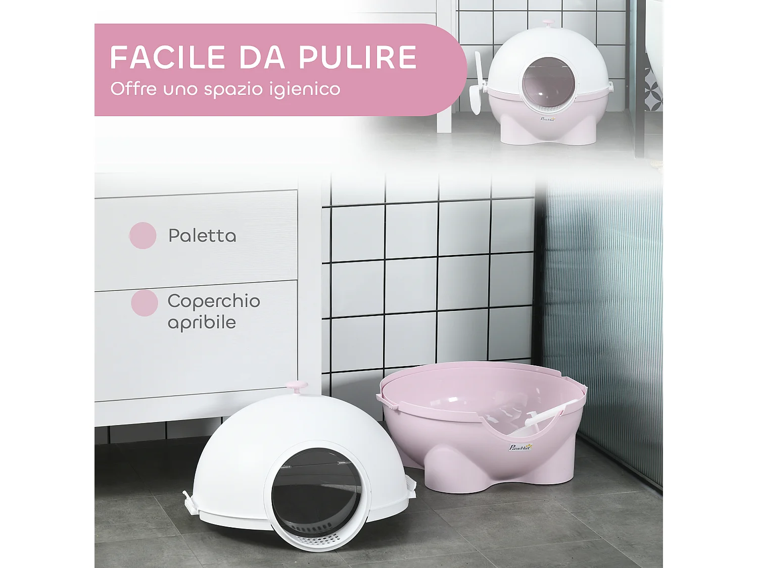 Lettiera per gatti 4kg max con coperchio e paletta bianca e rosa