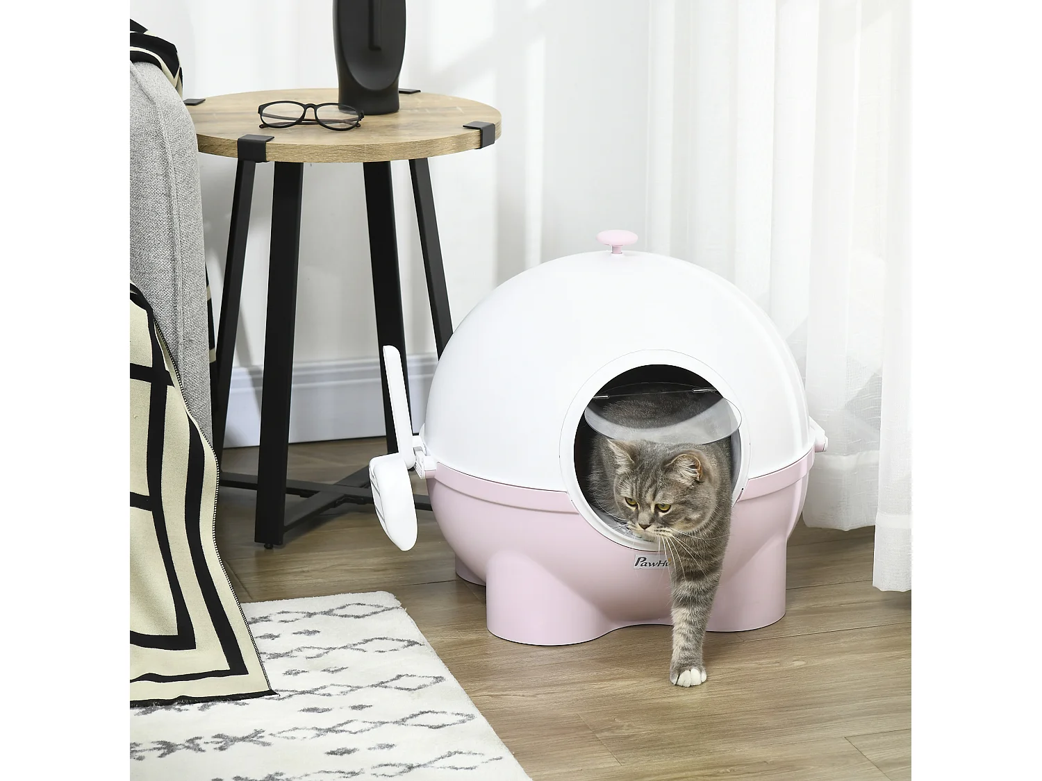 Lettiera per gatti 4kg max con coperchio e paletta bianca e rosa