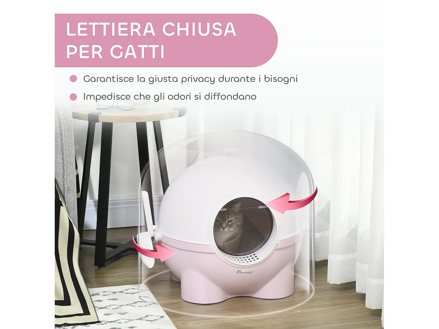 Lettiera per gatti 4kg max con coperchio e paletta bianca e rosa
