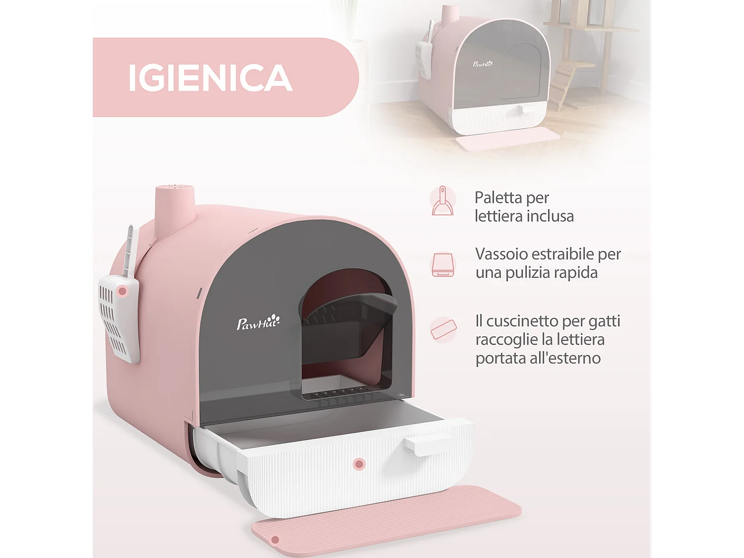 Lettiera per gatti chiusa con filtri paletta e vassoio rimovibile rosa