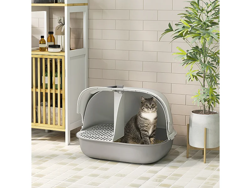 Lettiera per gatti chiusa con coperchio e gattaiola in pp grigio e bianco